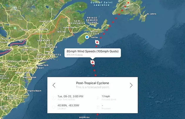 Track of Hurricane Teddy as of Sunday, September 20 at 8:15am. The storm, which was south of Bermuda and degraded from Category 3 to Category 2 around when this forecast was captured, is projected to be further downgraded to a post-tropical cyclone by the time it approaches Nova Scotia Tuesday afternoon. - HURRICANES PRO APP