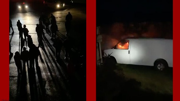 An angry mob of non-Indigenous lobster fishermen trapped two Mi'kmaw fishermen inside a lobster pound in West Pubnico, NS and set a van on fire on Oct. 13. - PHOTOS COURTESY OF JASON MARR