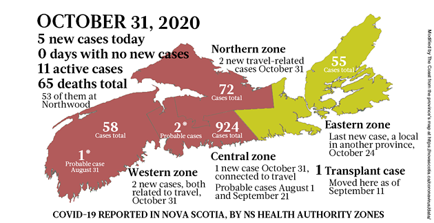 Map of COVID-19 cases reported in Nova Scotia as of October 31, 2020. Legend here. - THE COAST