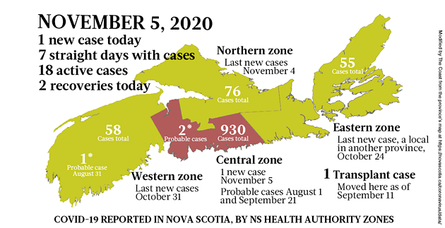 Map of COVID-19 cases reported in Nova Scotia as of November 5, 2020. Legend here. - THE COAST