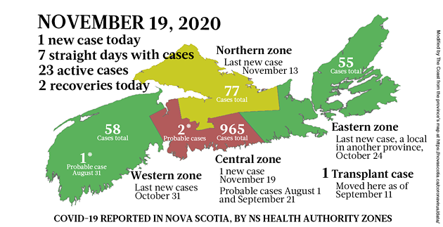 Map of COVID-19 cases reported in Nova Scotia as of November 19, 2020. Legend here. - THE COAST