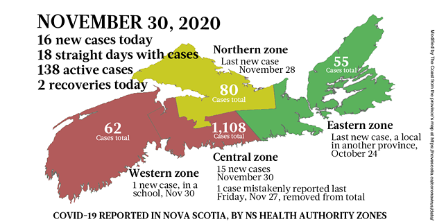 Map of COVID-19 cases reported in Nova Scotia as of November 30, 2020. Legend here. - THE COAST