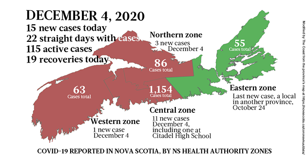 Map of COVID-19 cases reported in Nova Scotia as of December 4, 2020. Legend here. - THE COAST