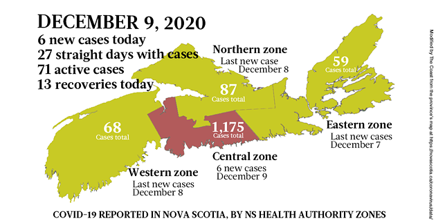 Map of COVID-19 cases reported in Nova Scotia as of December 9, 2020. Legend here. - THE COAST