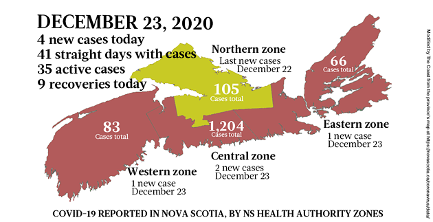 Map of COVID-19 cases reported in Nova Scotia as of December 23, 2020. Legend here. - THE COAST