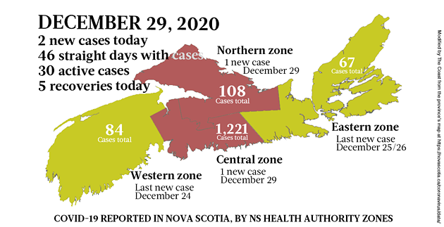 Map of COVID-19 cases reported in Nova Scotia as of December 29, 2020. Legend here. - THE COAST