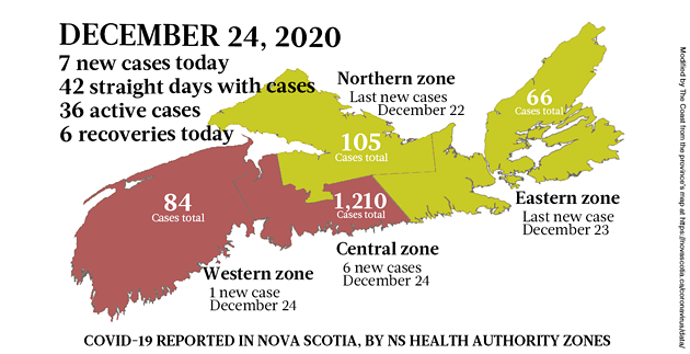 Map of COVID-19 cases reported in Nova Scotia as of December 24, 2020. Legend here. - THE COAST