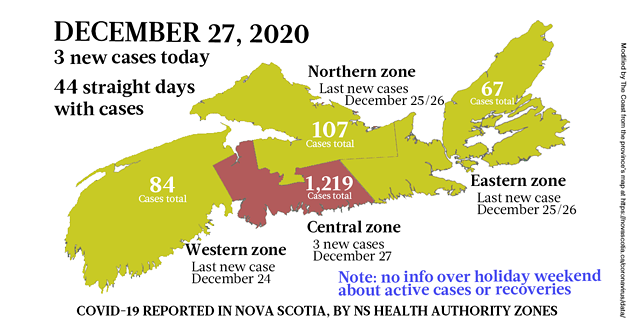 Map of COVID-19 cases reported in Nova Scotia as of December 27, 2020. Legend here. - THE COAST