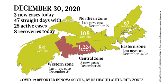 Map of COVID-19 cases reported in Nova Scotia as of December 30, 2020. Legend here. - THE COAST