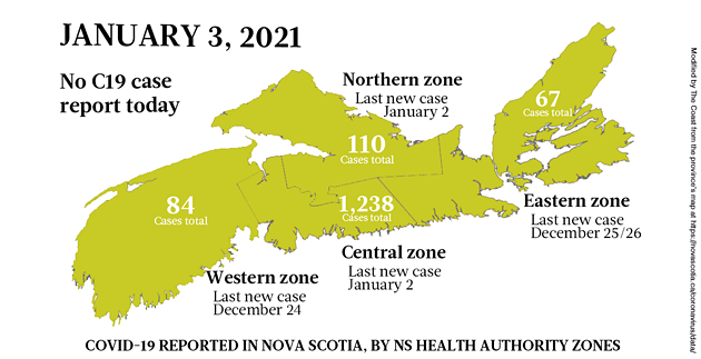 Map of COVID-19 cases reported in Nova Scotia as of January 3, 2021. Legend here. - THE COAST