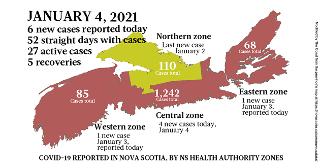 Map of COVID-19 cases reported in Nova Scotia as of January 4, 2021. Legend here. - THE COAST
