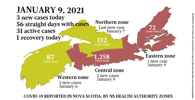 Map of COVID-19 cases reported in Nova Scotia as of January 9, 2021. Legend here. - THE COAST