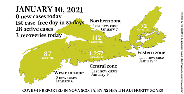 Map of COVID-19 cases reported in Nova Scotia as of January 10, 2021. Legend here. - THE COAST