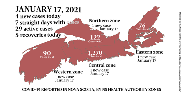 Map of COVID-19 cases reported in Nova Scotia as of January 17, 2021. Legend here. - THE COAST