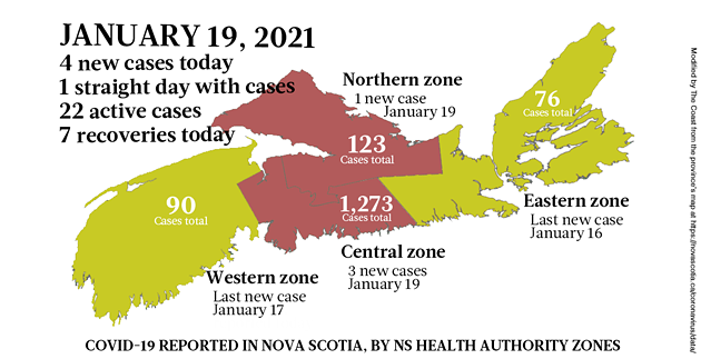 Map of COVID-19 cases reported in Nova Scotia as of January 19, 2021. Legend here. - THE COAST