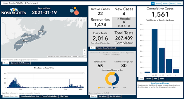 Out with the underinformative old map, in with Nova Scotia's shiny new COVID-19 dashboard. - ARCGIS.COM SCREENSHOT