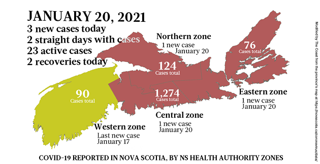 Map of COVID-19 cases reported in Nova Scotia as of January 20, 2021. Legend here. - THE COAST