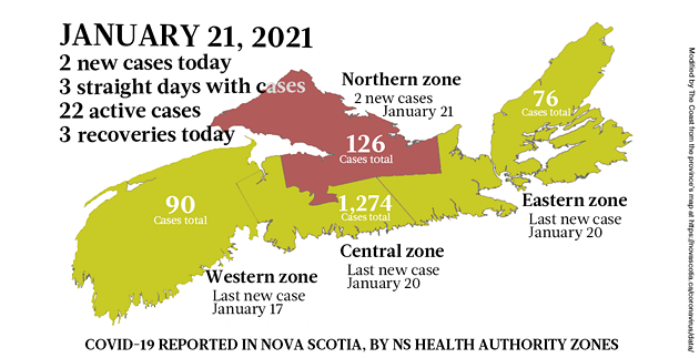 Map of COVID-19 cases reported in Nova Scotia as of January 21, 2021. Legend here. - THE COAST