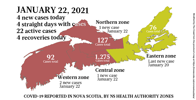 Map of COVID-19 cases reported in Nova Scotia as of January 22, 2021. Legend here. - THE COAST