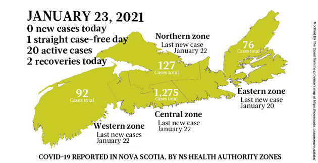 Map of COVID-19 cases reported in Nova Scotia as of January 23, 2021. Legend here. - THE COAST