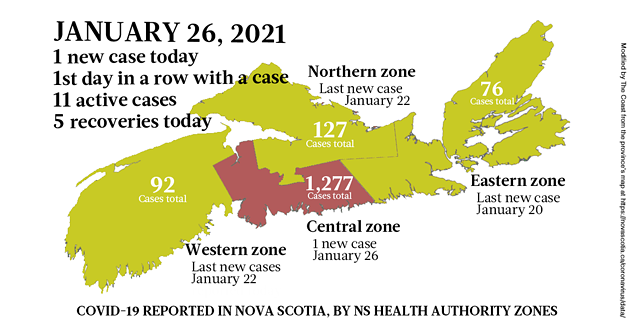 Map of COVID-19 cases reported in Nova Scotia as of January 26, 2021. Legend here. - THE COAST