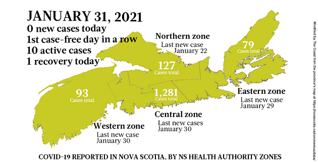 Map of COVID-19 cases reported in Nova Scotia as of January 31, 2021. Legend here. - THE COAST