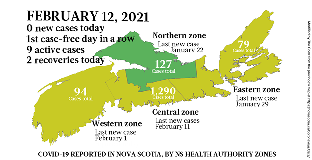 Map of COVID-19 cases reported in Nova Scotia as of February 12, 2021. Legend here. - THE COAST
