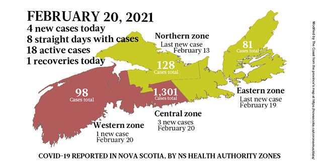 Map of COVID-19 cases reported in Nova Scotia as of February 20, 2021. Legend here. - THE COAST