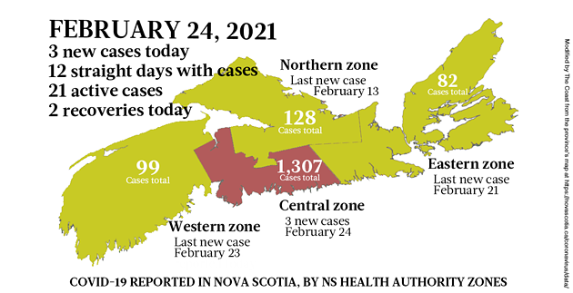 Map of COVID-19 cases reported in Nova Scotia as of February 24, 2021. Legend here. - THE COAST