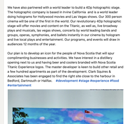 Part 2 of a post on Clark Squires' LinkedIn dated December 3, 2021 about the Titanic project. - SCREENSHOT