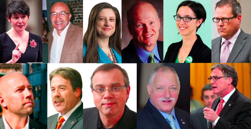 Clockwise from top-left; Megan Leslie, Irvine Carvery, Joanne Hussey, Geoff Regan, Brynn Nheiley, Darren Fisher, Robert Chisholm, Darrell Samson, Thomas Trappenberg, Peter Stoffer, Andy Fillmore.