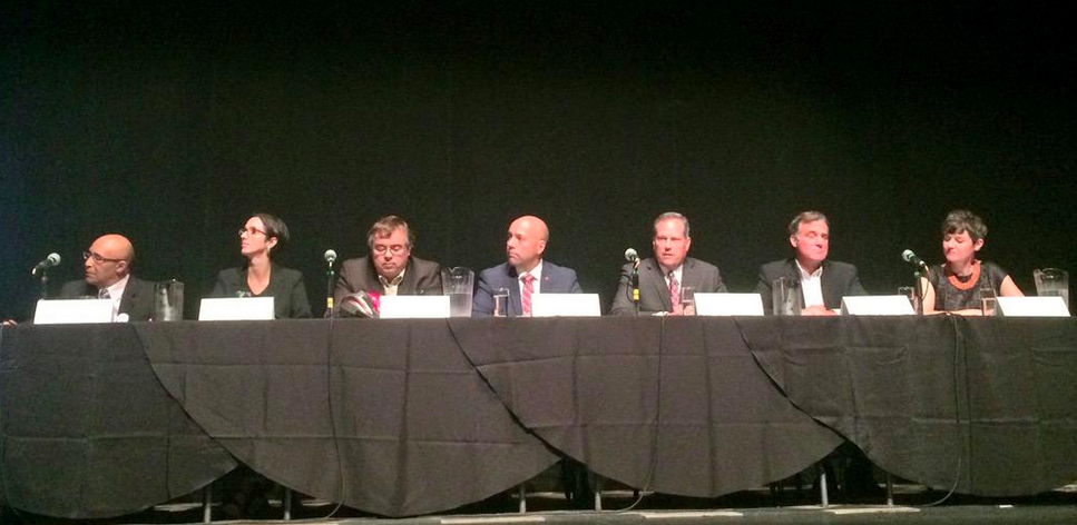 The candidates (l-r): Conservative Irvine Carvery; Greens Brynn Nheiley and Thomas Trappenberg; Liberals Andy Fillmore and Darren Fisher; and NDP MPs Robert Chisholm and Megan Leslie. - VIA @ANDYFILLMOREHFX