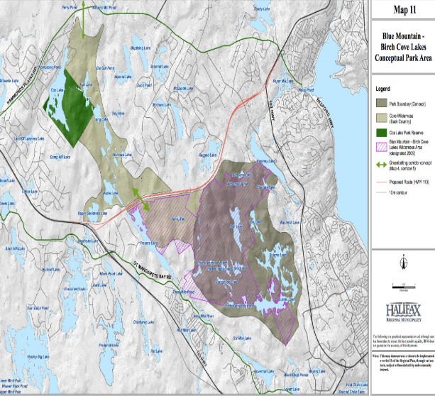 The proposed park boundaries as outlined in HRM's Regional Plan. Click here for a collection of other maps published about the Blue Mountain-Birch Cove Lakes park, including what the Annapolis Group and other private owners want to develop. - VIA CPAWNS