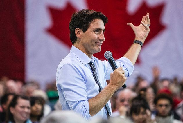 Prime minister Justin Trudeau addresses the Sportsplex crowd, Monday night in Dartmouth. - RILEY SMITH
