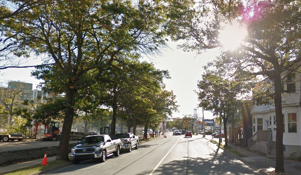 This section of Almon Street could see two bike lanes and one side of on-street parking. - VIA GOOGLE EARTH