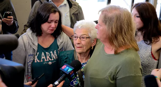Linda Boutilier, mother, and Elizabeth Samson, grandmother, speak to media after the guilty verdict. - KIERAN LEAVITT