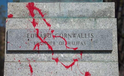 Red paint thrown on the base of the Edward Cornwallis statue in 2016. - VIA INSTAGRAM