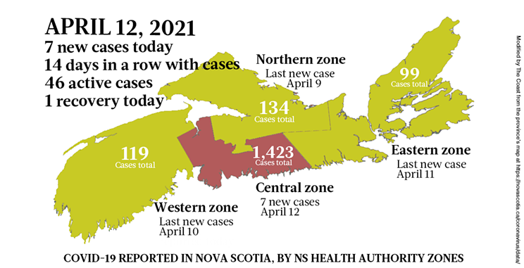 Map of COVID-19 cases reported in Nova Scotia as of April 12, 2021. Legend here. THE COAST