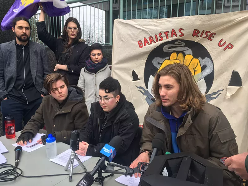 Smiling Goat union members and workers at Friday afternoon's press conference - THE COAST