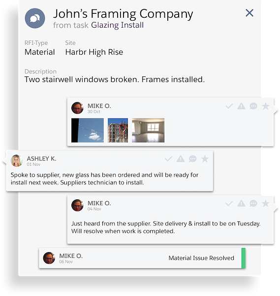 In Harbr, decision makers can discuss specific issues that arise on the construction project. - SCREENSHOT