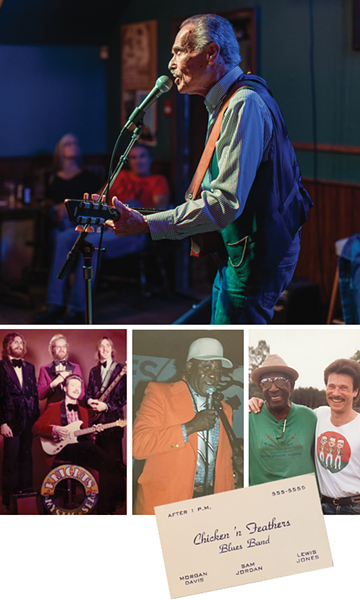 Davis—pictured at top at his regular Monday gig at Bearly’s—says he “survived the disco era” by adding a blues influence to the Knights of The Mystic Sea (bottom left). By the early ’80s, Davis was backing legends like Chicago harmonica great Snooky Pryor (bottom middle). - RILEY SMITH, SUBMITTED