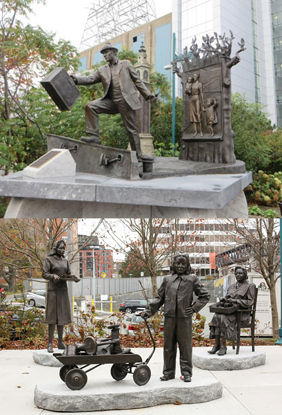 The Emigrant statue (top) and The Volunteers (bottom). - TRIPADVISOR / WOMEN'S HISTORY SOCIETY