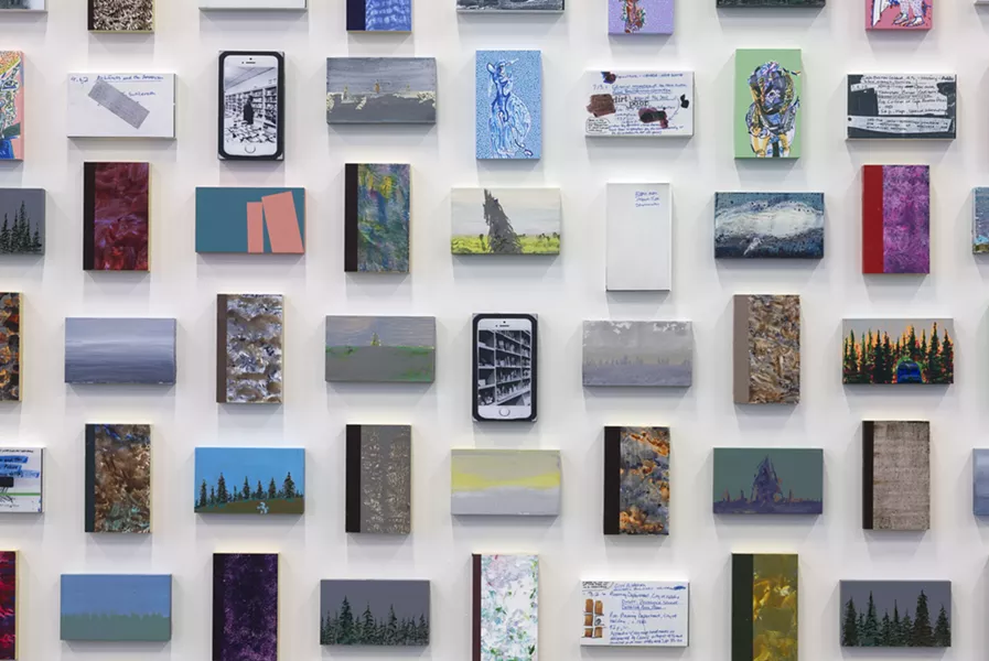 A closer look at Library Cards reveals the mixed media and repeated themes at play. - ADAM MORK