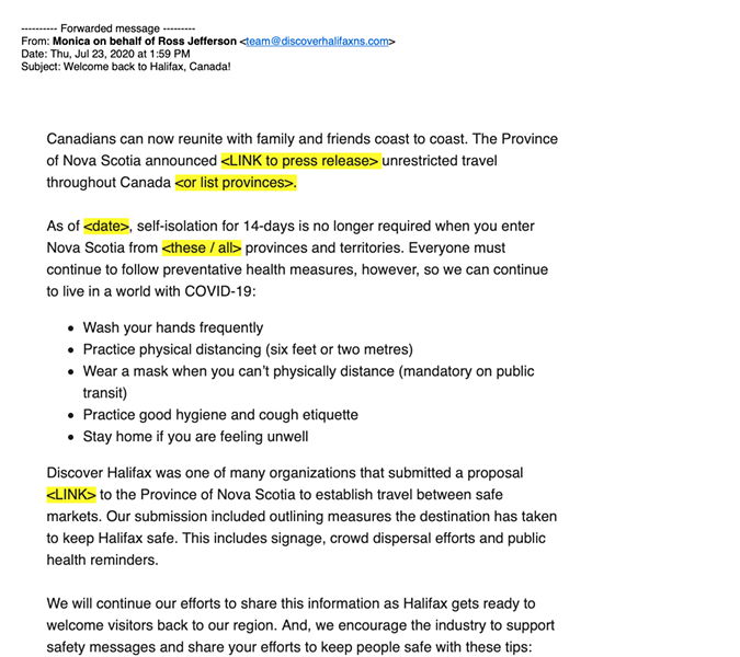 The first half of the since-retracted "Welcome back to Halifax, Canada!" email from Discover Halifax.