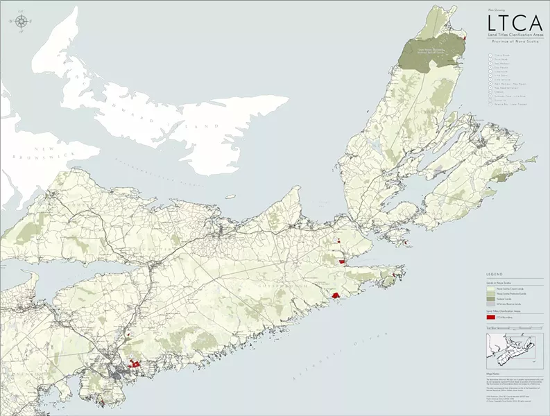 Red shapes on the map show the 13 areas in Nova Scotia where landholders are waiting for their deeds from the government under the Land Titles Clarification Act. - PROVINCE OF NOVA SCOTIA