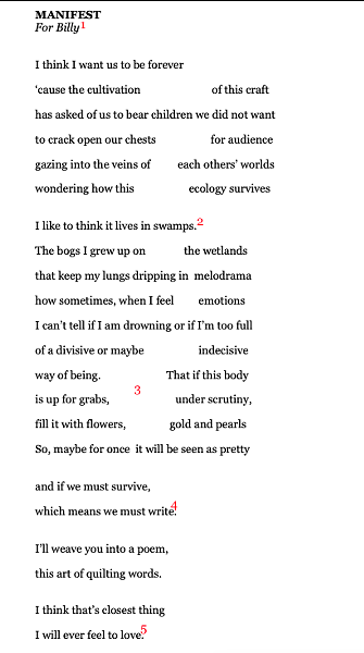 Match the annotated lines above to their numbers below to drink every last drop of the beauty in Twist's poem "MANIFEST".