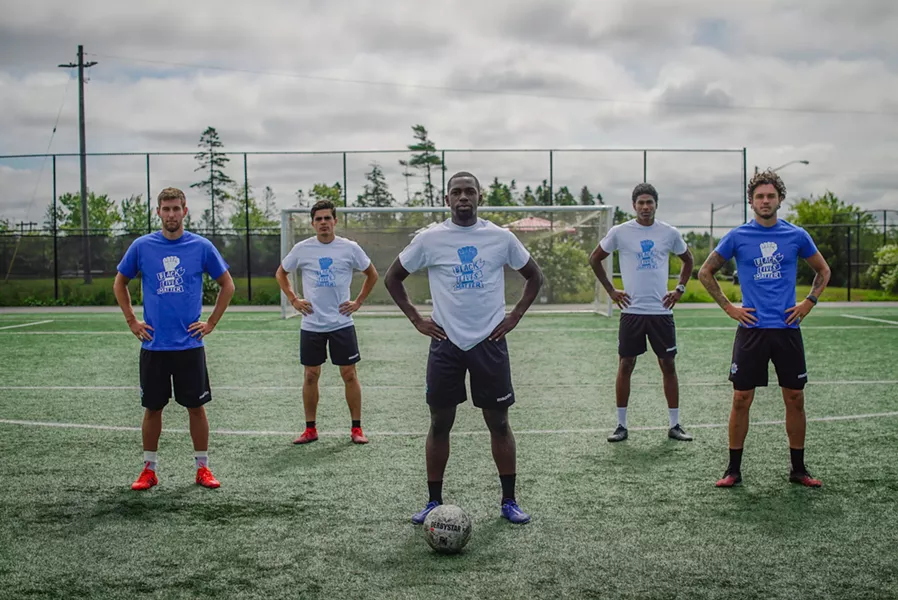(Left to right) Wanderers players Louis Béland-Goyette, Mateo Restrepo, Chrisnovic N’sa, Andre Rampersad and João Morelli - HFX WANDERERS FC
