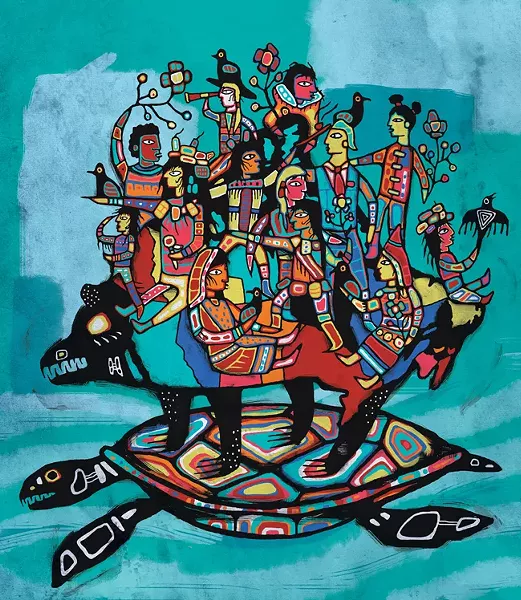 Wasauksing First Nation member Joshua Pawis-Steckley wanted this cover piece to focus on the positive, future aspect of Rebecca Thomas’ poem, wherein we as Canadians have the ability to guide the blind Creature Canada to where we so choose. “I saw that the creature in the story holds all the negative emotions of our past—the anger, the guilt, the pain and suffering—all within itself. The negative emotions on which our country is built can be tamed and overcome. Rebecca’s story doesn’t dwell on the past; it gives the reader the choice to be a part of the future and opens them up to the idea that we all have the ability to make a difference and be a part of the next chapter.” - JOSHUA PAWIS-STECKLEY