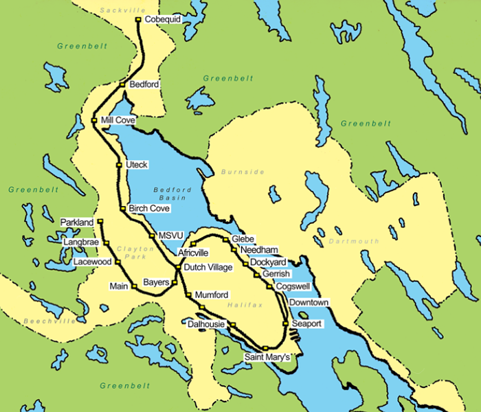 The LRA's concept for a light rail network. This line could be expanded they say to Dartmouth, Bedford South and Spryfield.