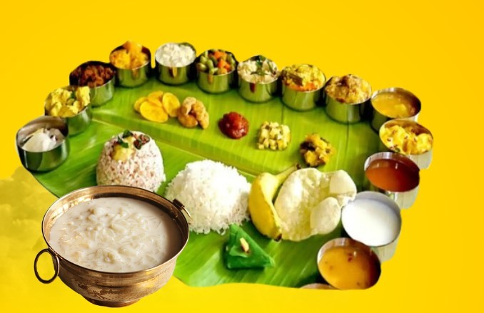 Onam sadhya is a traditional meal from Kerala where more than 20 dishes are served on a banana leaf.